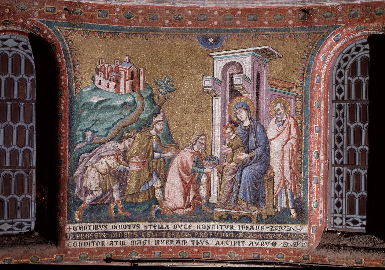 Aanbidding van de Mozaïek Wijzen van de apsis van Pietro Cavallini (actief rond 1273-1330) eind 13e eeuw (Aanbidding van de wijzen, mozaïek van de apsis door Pietro Cavallini, eind 13e eeuw) Rome, Kerk Santa Maria in Trastevere Italië door Pietro Cavallini