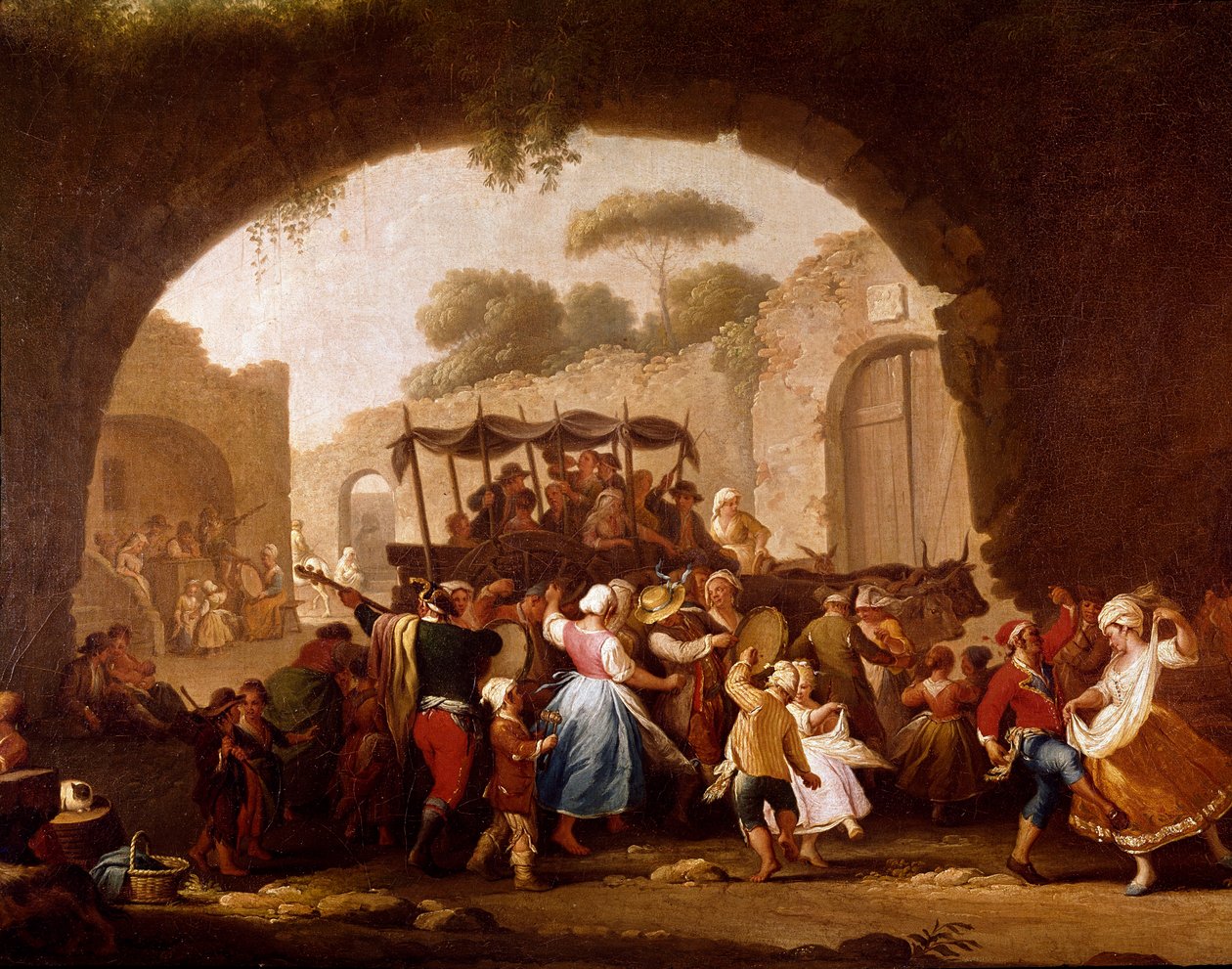 Dansscène en volksfeest in Napels (detail). Tarantella dansers. Schilderij door Pietro Fabris (actief tussen 1763 en 1776) 18e eeuw Napels, Museo Nazionale di San Martino door Pietro Fabris