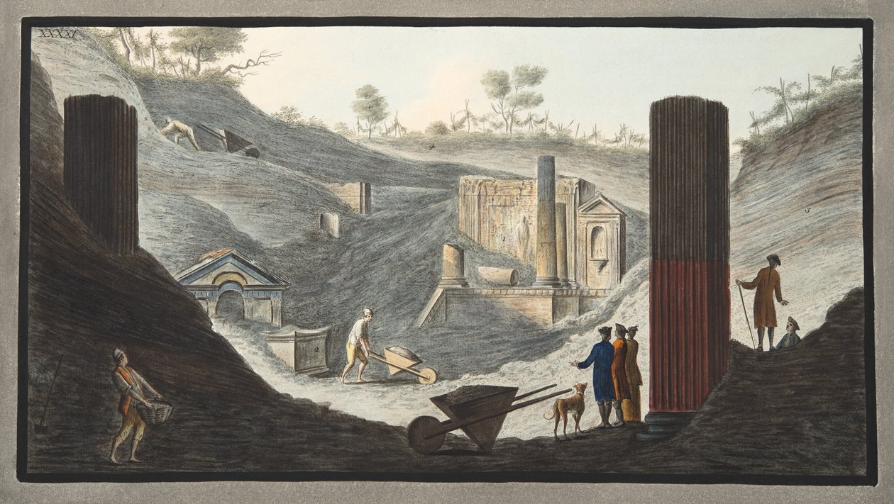 Vroege opgravingen in Herculaneum, waarin Sir William actief was met de steun van de vorsten, uit 