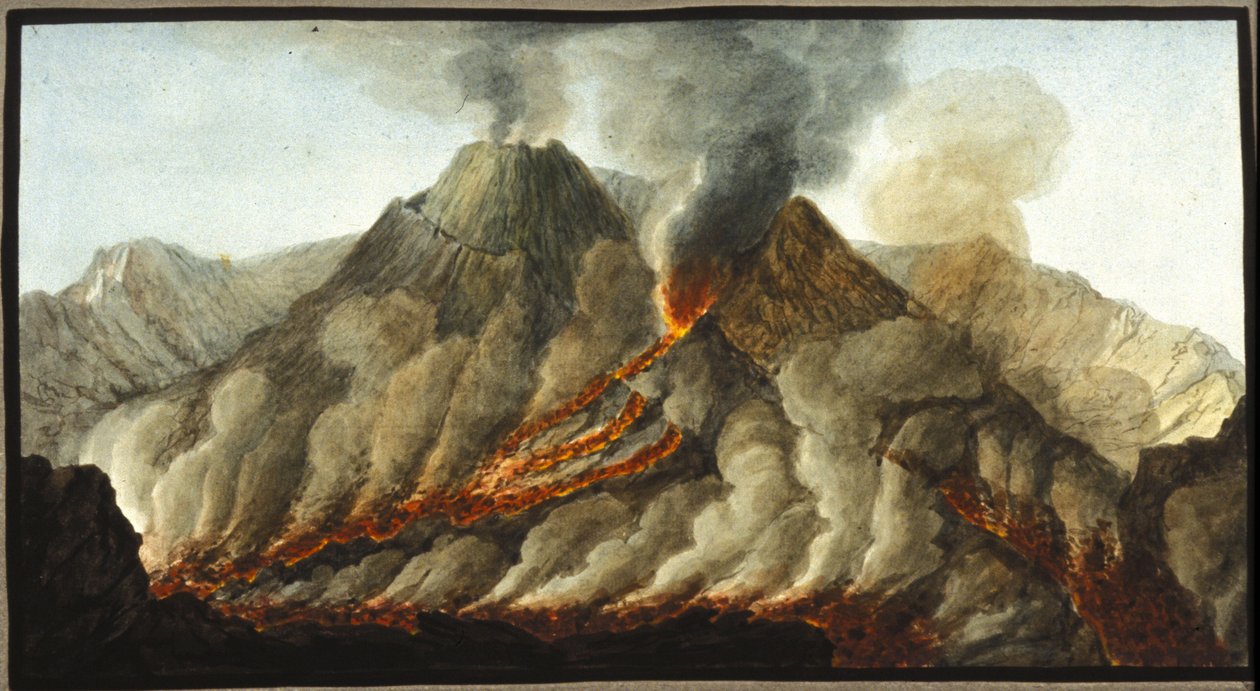 De uitbarstende Vesuvius. Deze gouache werd uitgevoerd door Pierre Fabris, op verzoek van Sir William Hamilton, Engels ambassadeur in Napels. Bibl. Braidense, Milaan door Pietro Fabris