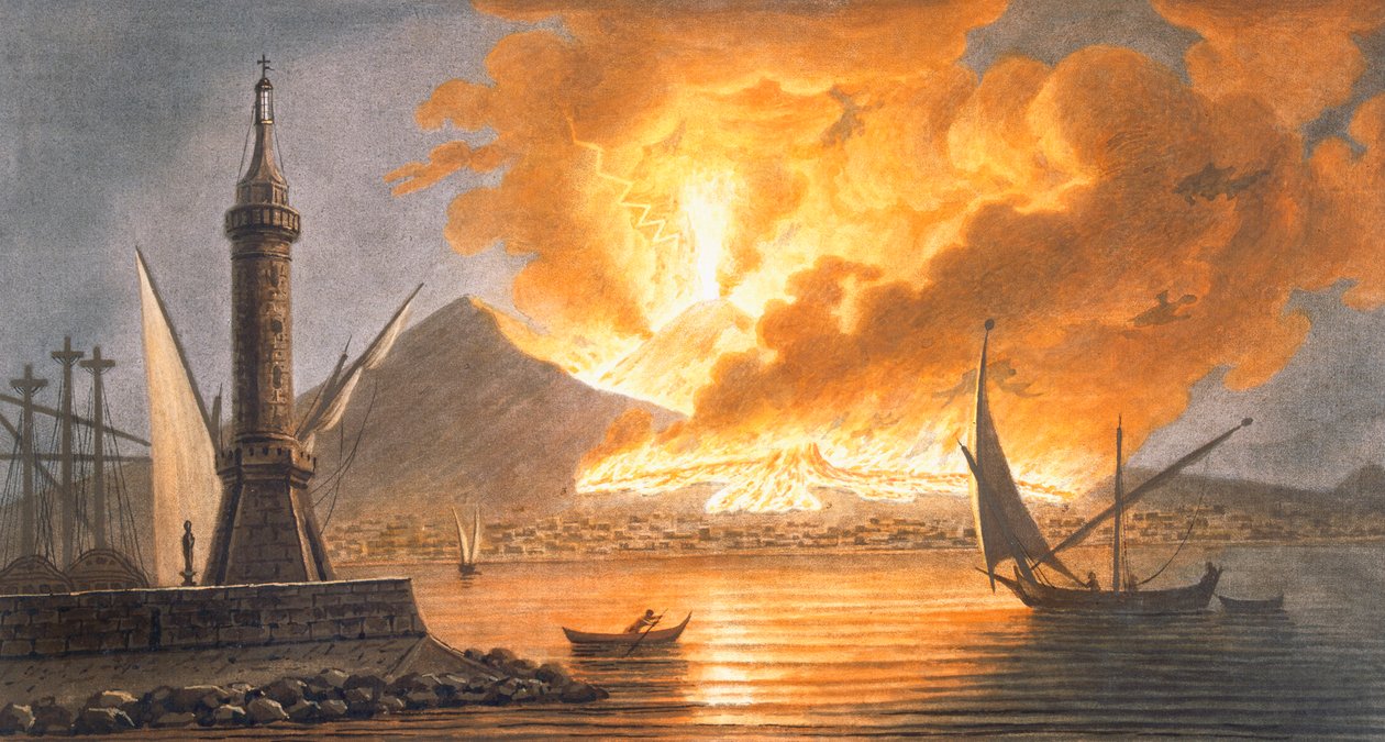 Uitzicht op de grote uitbarsting van de Vesuvius vanaf de pier van Napels in de nacht van 20 oktober 1767, 1776 door Pietro Fabris