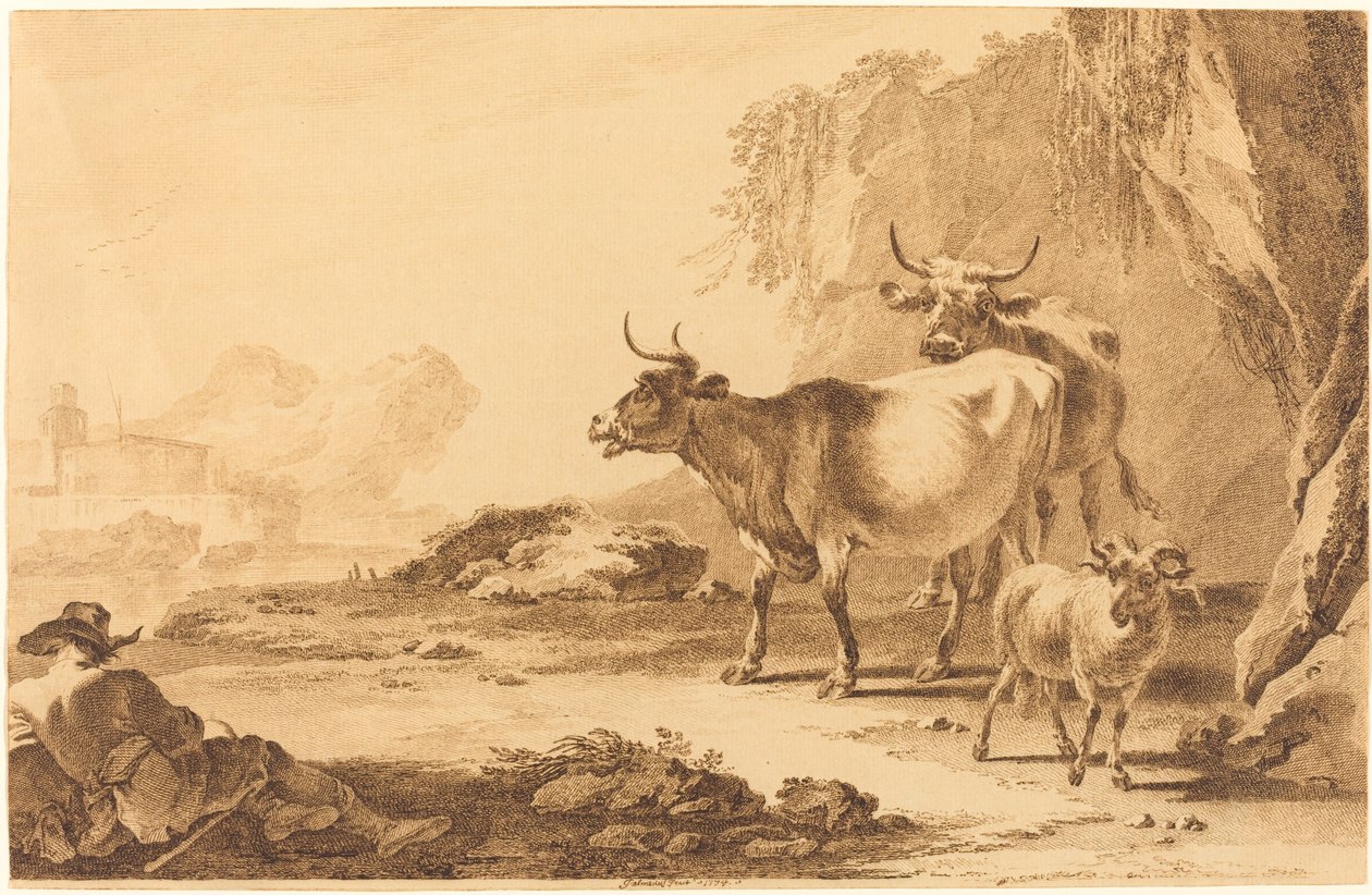 Landschap met vee, een geit en een rustende herder door Pietro Giacomo Palmieri