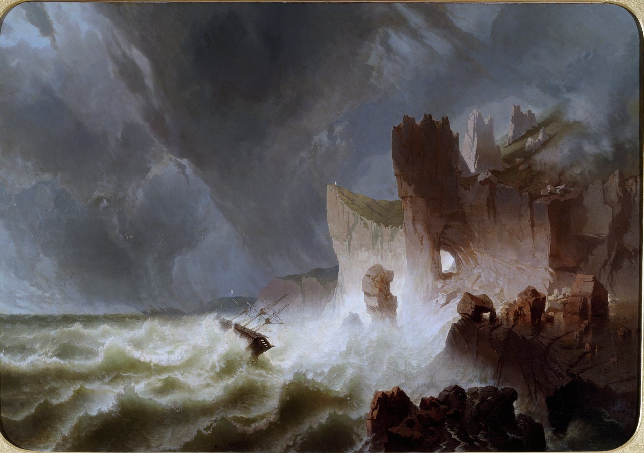 Lido solitario (Marien landschap, met schip gevangen in de storm en verongelukt op de kliffen) door Pietro Giuria