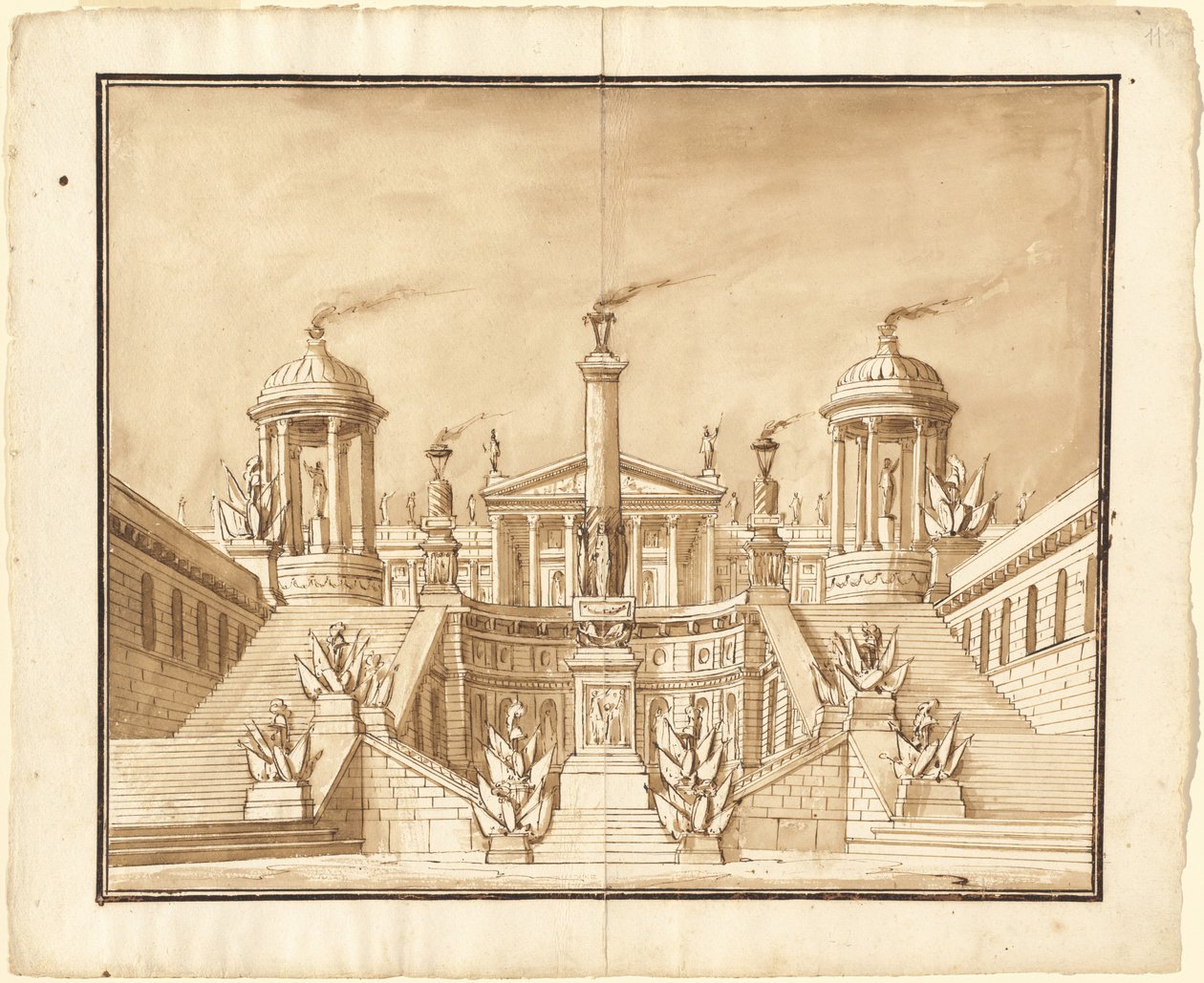 Fantasie van een oude hoofdstad met trofeeën en grote trappen door Pietro Gonzaga