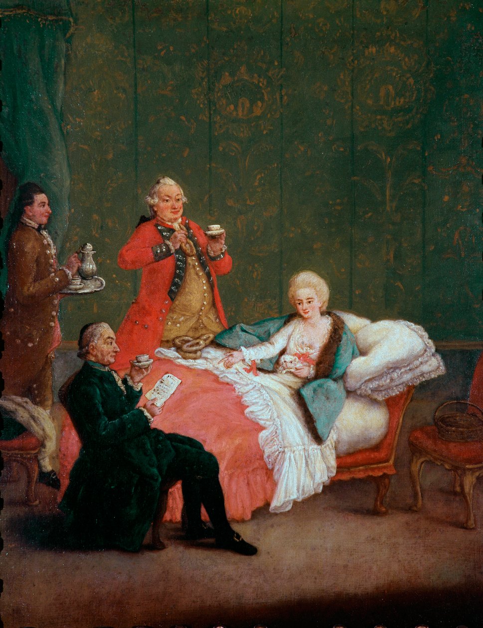 Ochtendchocolade, jonge vrouw van adel in bed bediend door drie mannen door Pietro Longhi