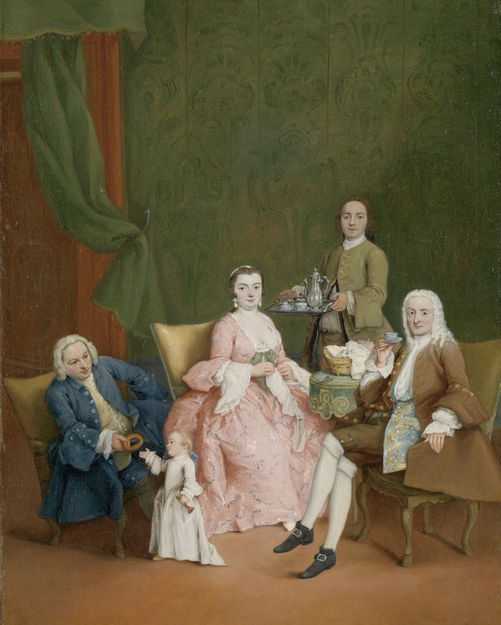Portret van een Venetiaanse familie met een bediende die koffie serveert door Pietro Longhi