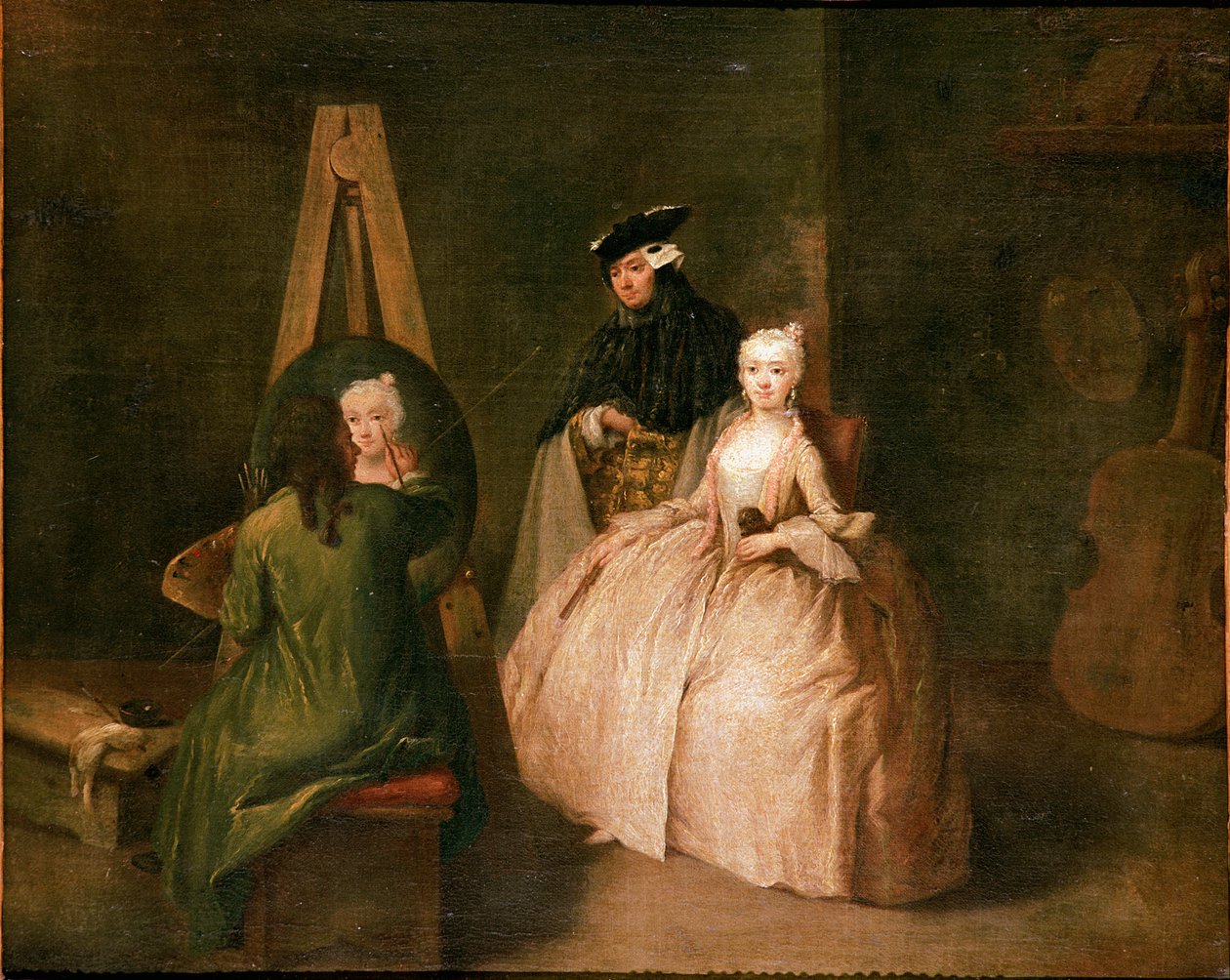 Het atelier van de schilder De schilder voor zijn ezel portretteert een jonge vrouw. Schilderij door Pietro Longhi (1702-1785) 1740-1745 Zon. 44x53 cm Venetië, Ca 