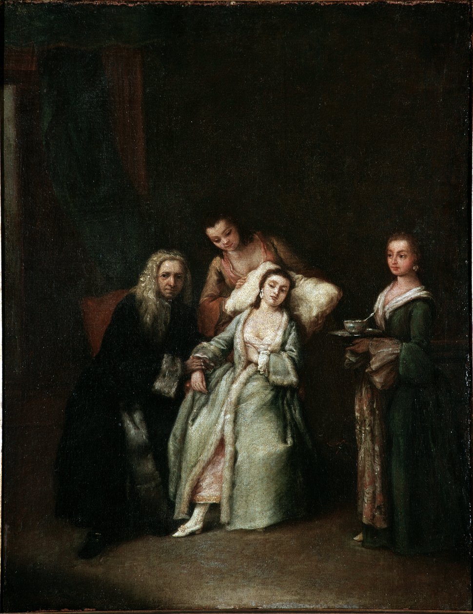 De zieke vrouw Bezoek van de dokter die de pols van de zieke neemt door Pietro Longhi