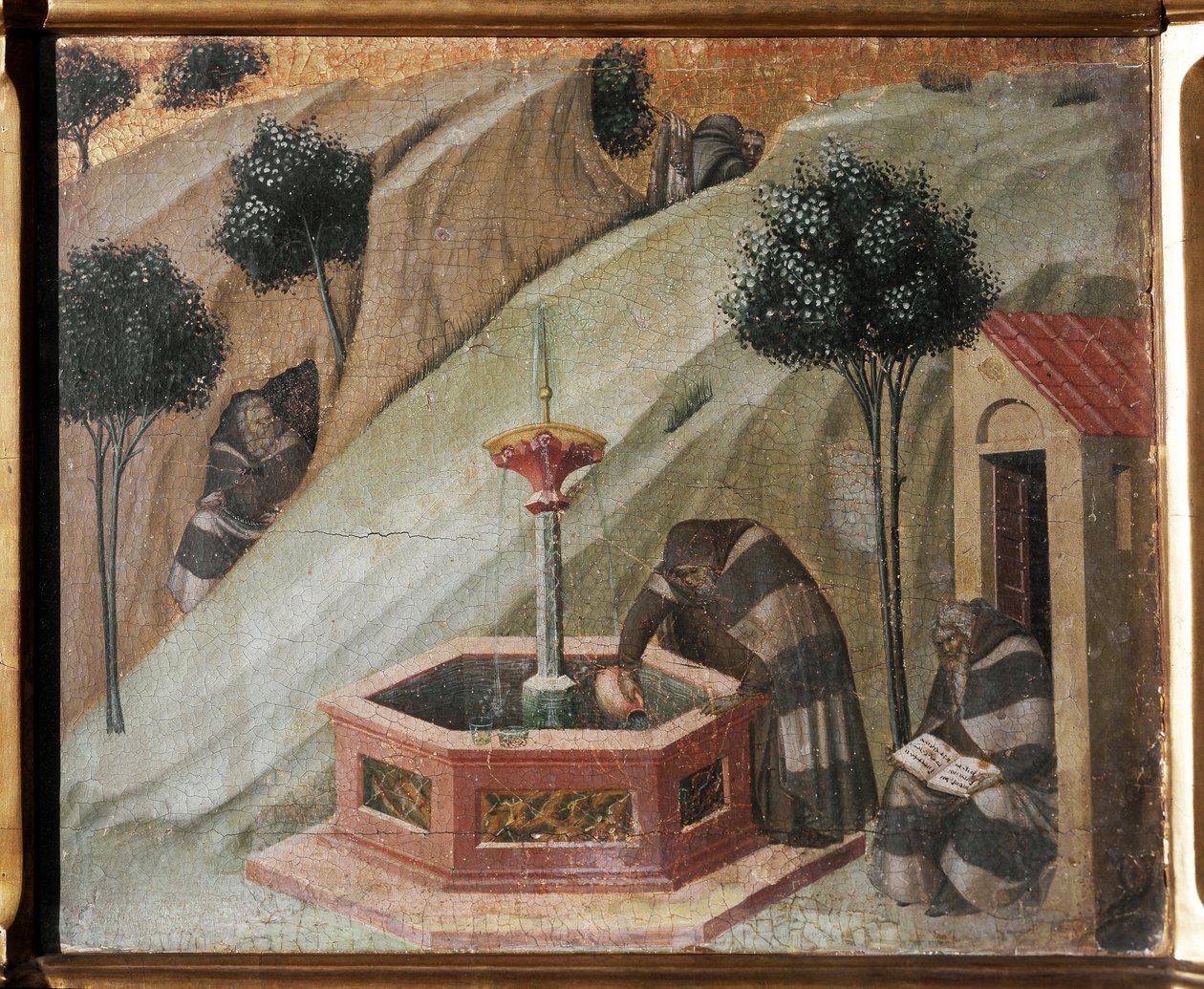 Detail van het altaarstuk van Carmel: een kluizenaar met de fontein van Elia door Pietro Lorenzetti