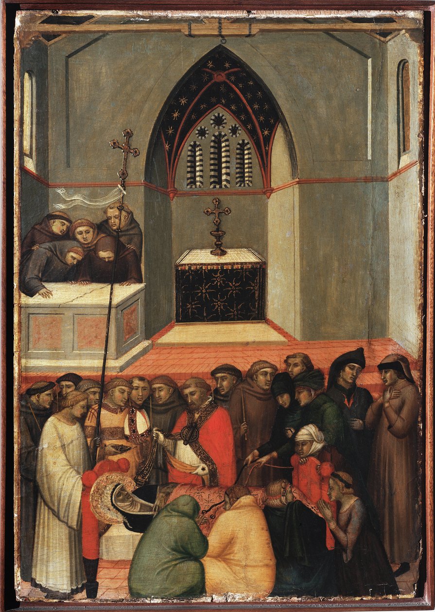 Het ongeschonden lichaam van Sint Nederigheid (Polyptiek van het leven van Sint Nederigheid) door Pietro Lorenzetti