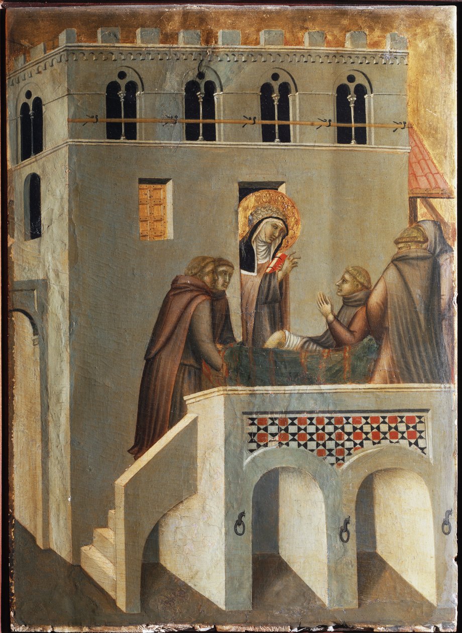 De heilige geneest de voet van een monnik (Polyptiek van het leven van Sint Nederigheid) door Pietro Lorenzetti