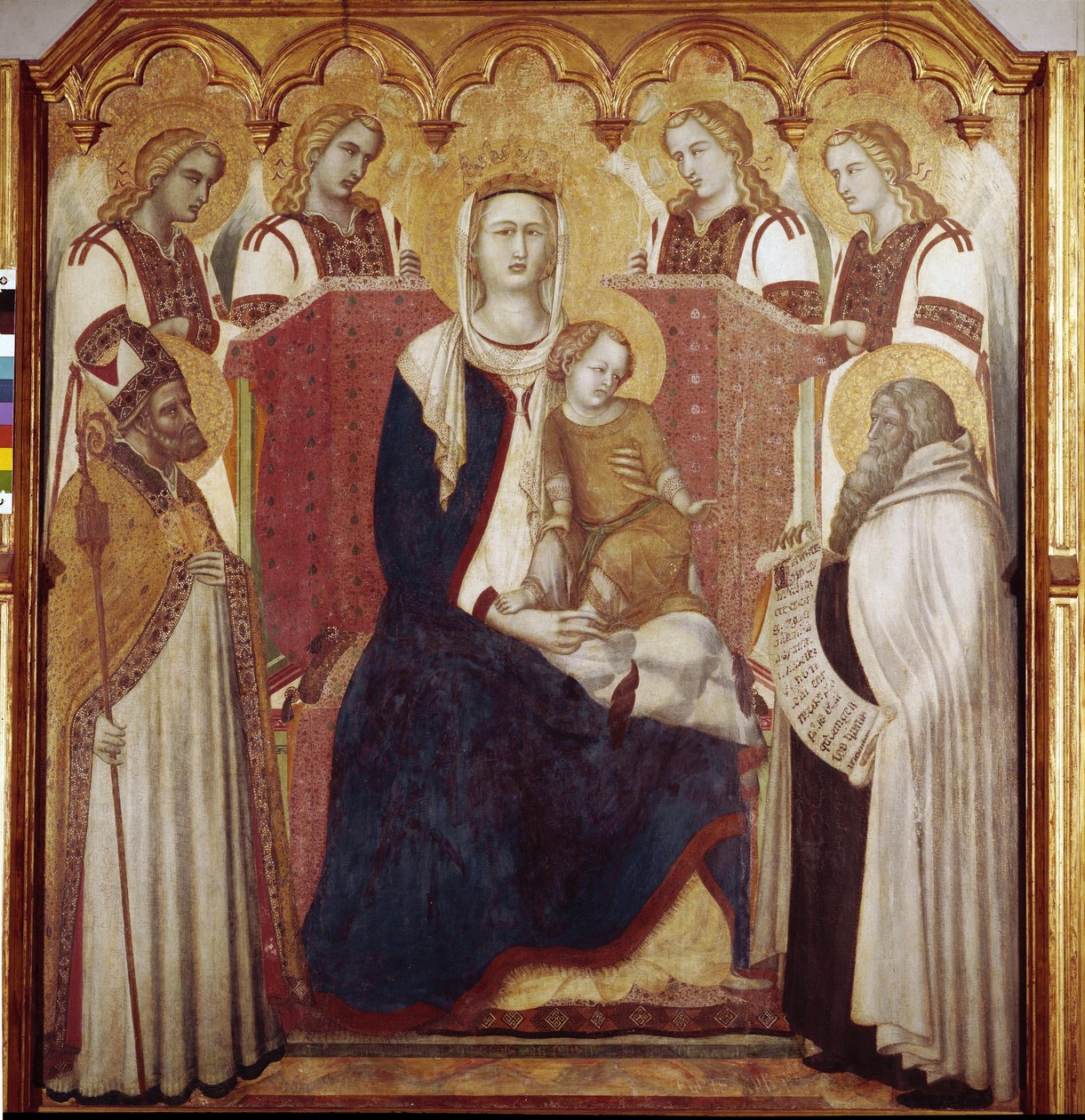 Maagd en kind tussen Sint Nicolaas en Sint Elia door Pietro Lorenzetti