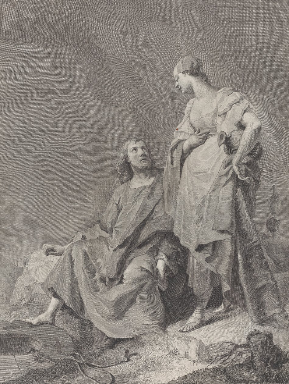 Christus en de vrouw van Samaria bij de bron, uit de serie van 112 prenten van de sacre door Pietro Monaco