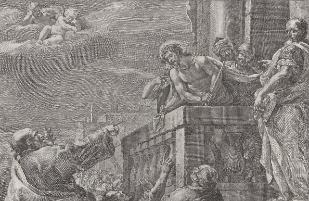Christus op een balkon omringd door bewakers, Pilatus staat rechts en gebaart, ca. 1730-39 door Pietro Monaco