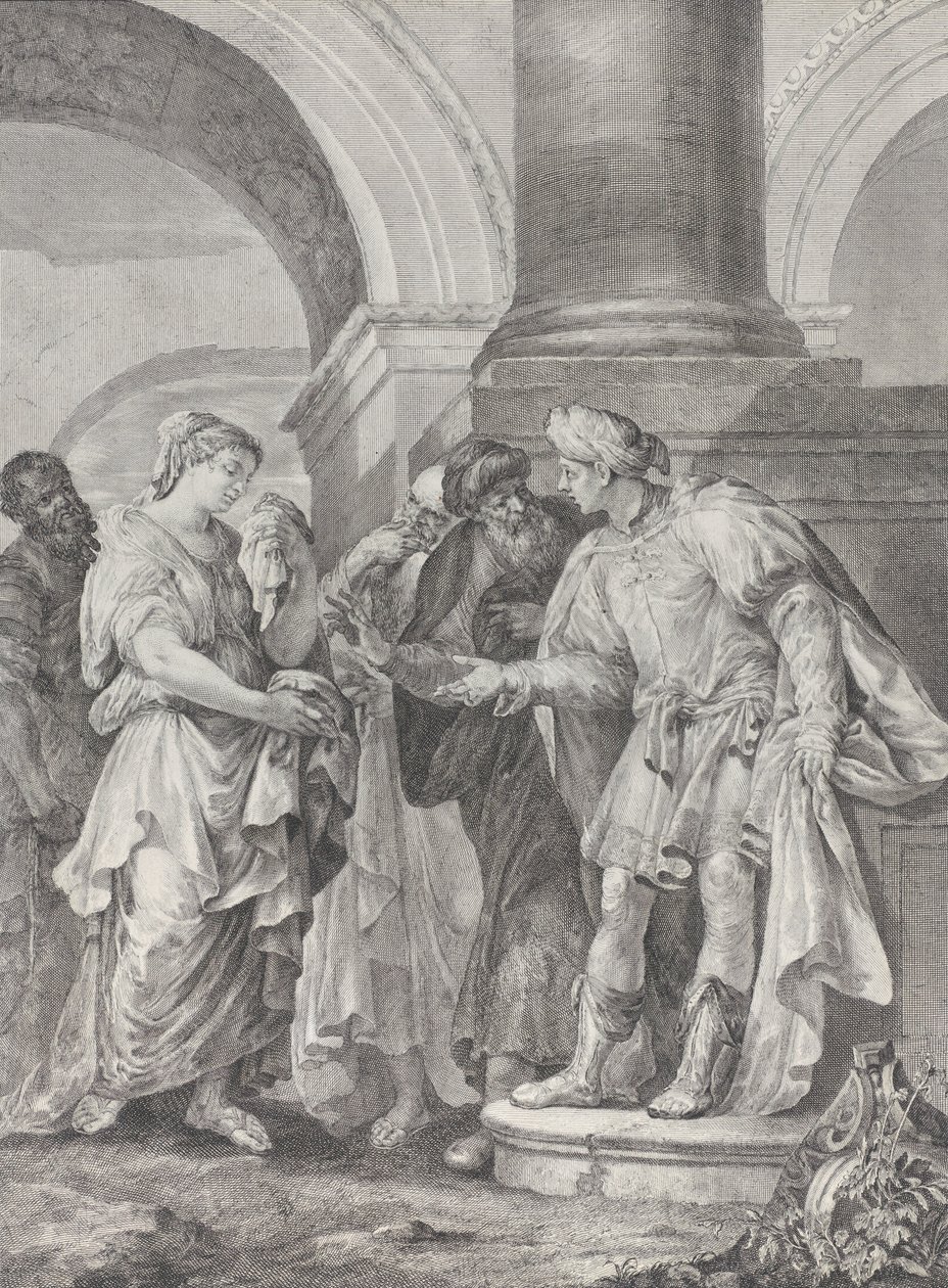 Daniel discussieert met de Ouderen terwijl Susanna links staat, 1732-50 door Pietro Monaco