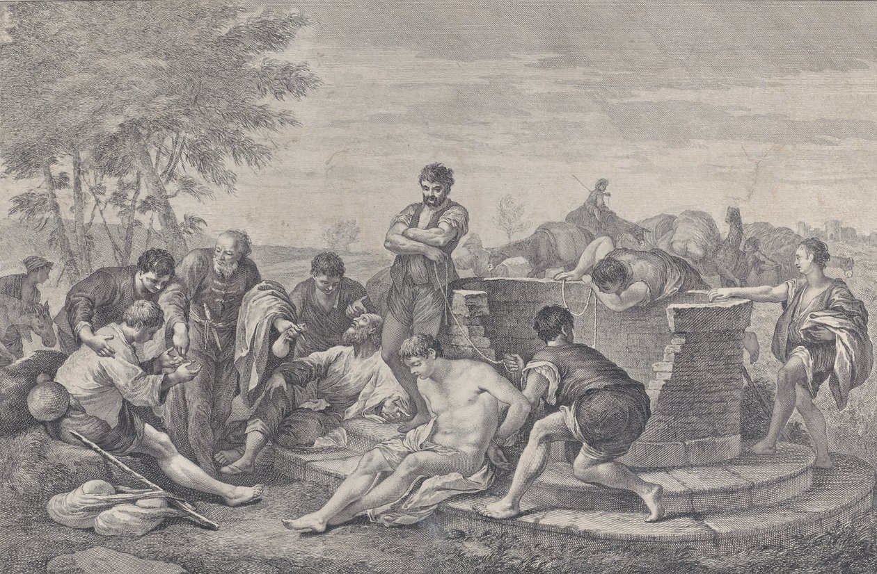 Jozef wordt door zijn broers in slavernij verkocht, die rond een put zitten en de buit verdelen door Pietro Monaco