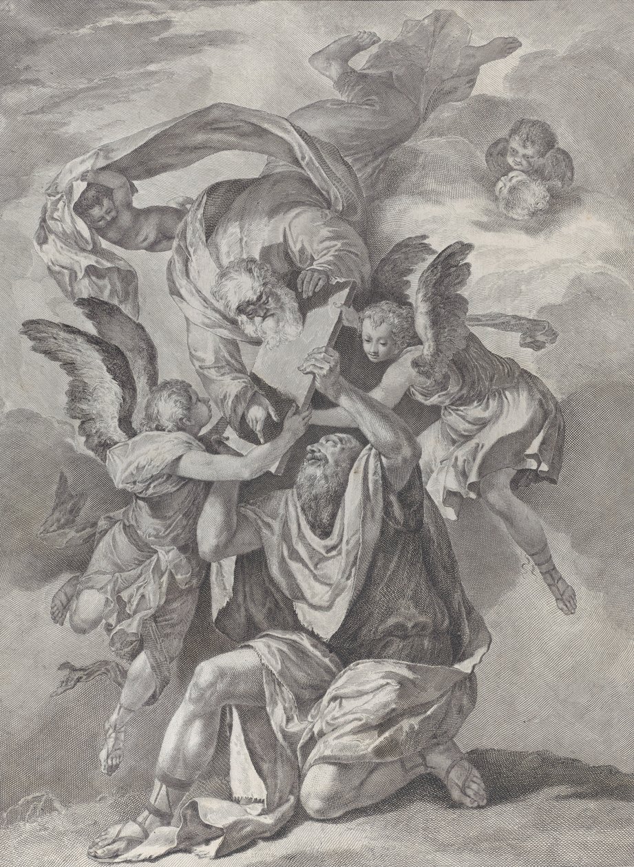 Mozes ontvangt de Tafelen van de Wet van God die uit de Hemel Neerdaalt door Pietro Monaco