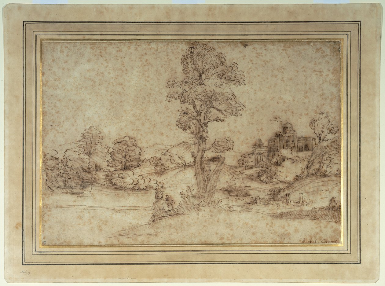 Landschap met een meer en gebouwen, een moeder en kind zittend bij een boom door Pietro Paolo (attr. to) Bonzi