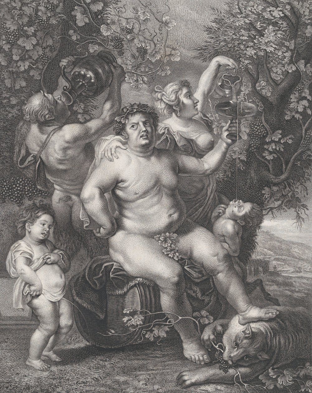 Bacchus zittend op een vat voor wijnstokken, met bacchanten, saters en kinderen door Pietro Peiroleri