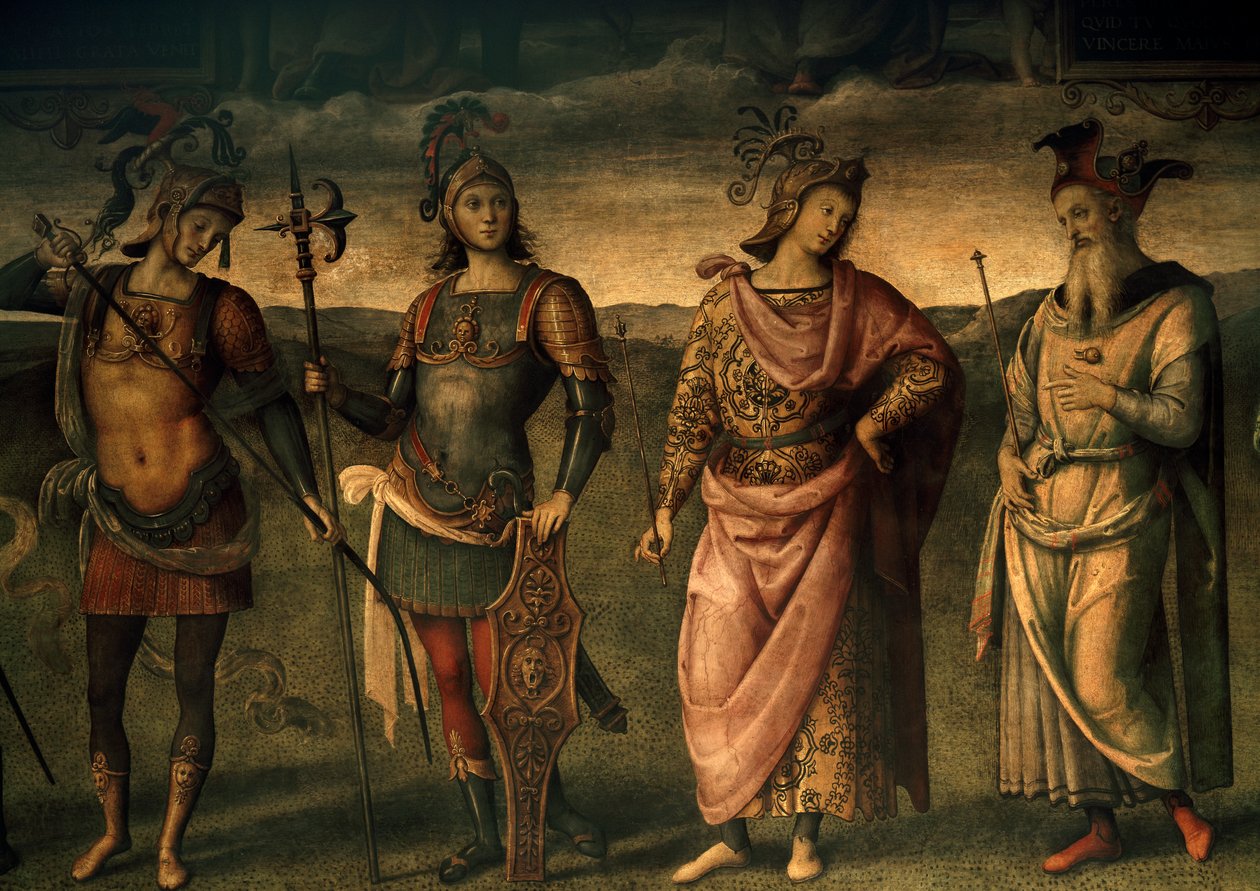 Leonidas Lacedaemonian, Horatius Cocles, Publius Scipio, Pericles van Athene, Allegorieën van Moed en Gematigdheid met Zes Antieke Helden door Pietro Perugino