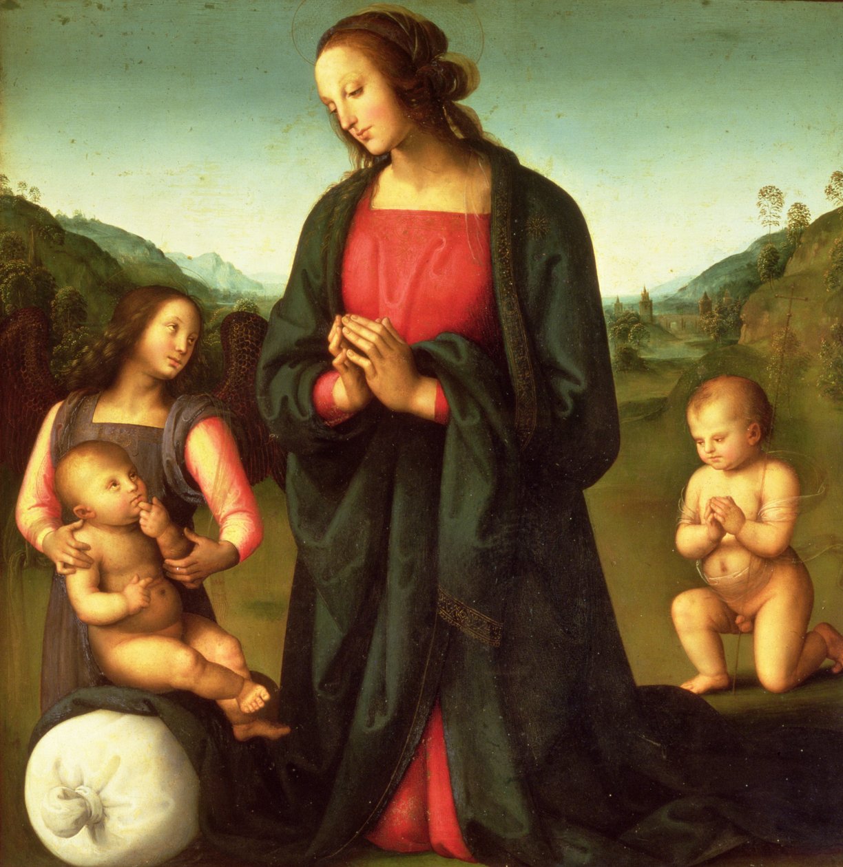 Madonna Aanbiddend het Christuskind (Madonna del Sacco) door Pietro Perugino