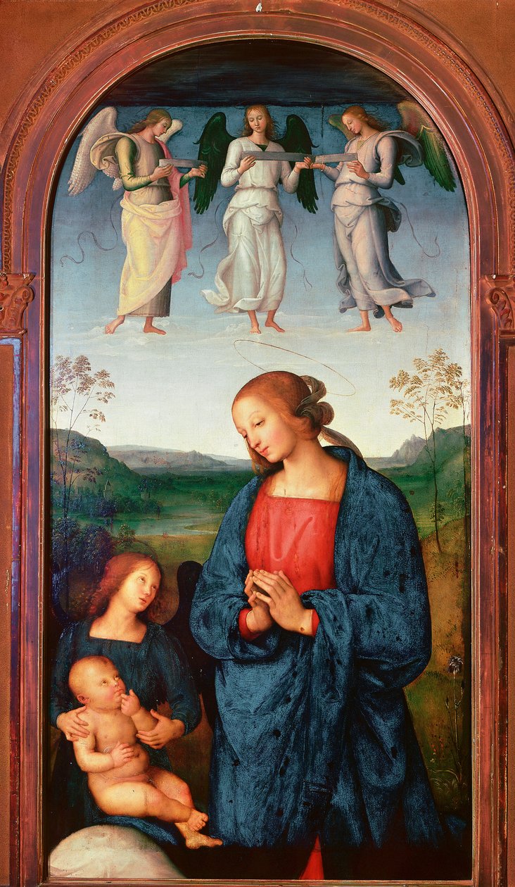 Polyptiek van de Chartreuse van Pavia: Madonna met het Kind en drie engelen door Pietro Perugino