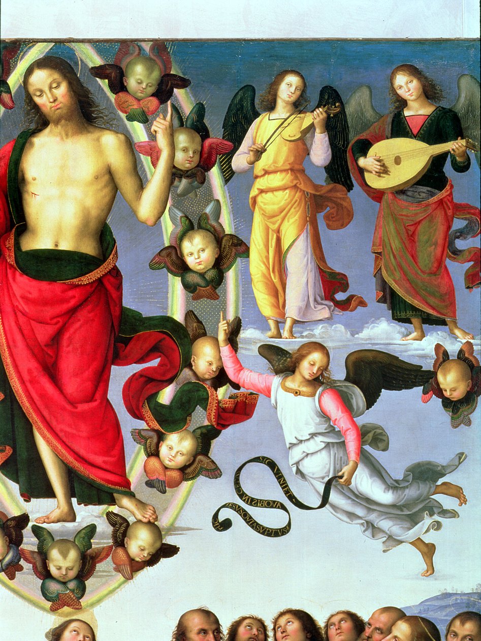 De Hemelvaart van Christus, detail van Christus en muzikale engelen, rechterbovenhoek door Pietro Perugino