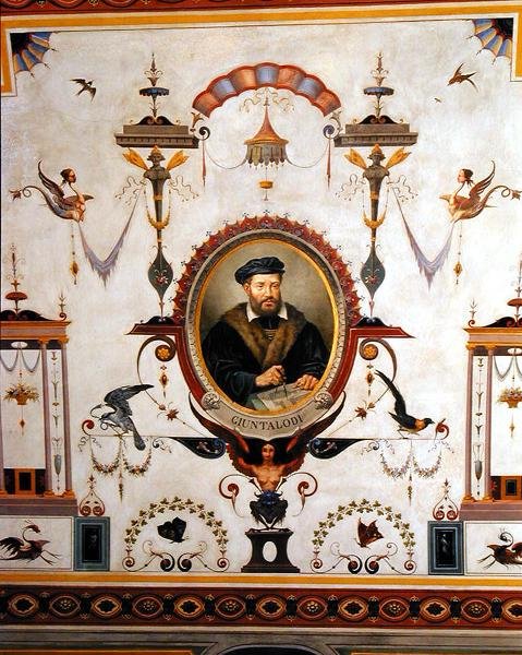 Portret van Giuntalodi, detail van het plafond van de Sala del Sindaco door Pietro Pezzati