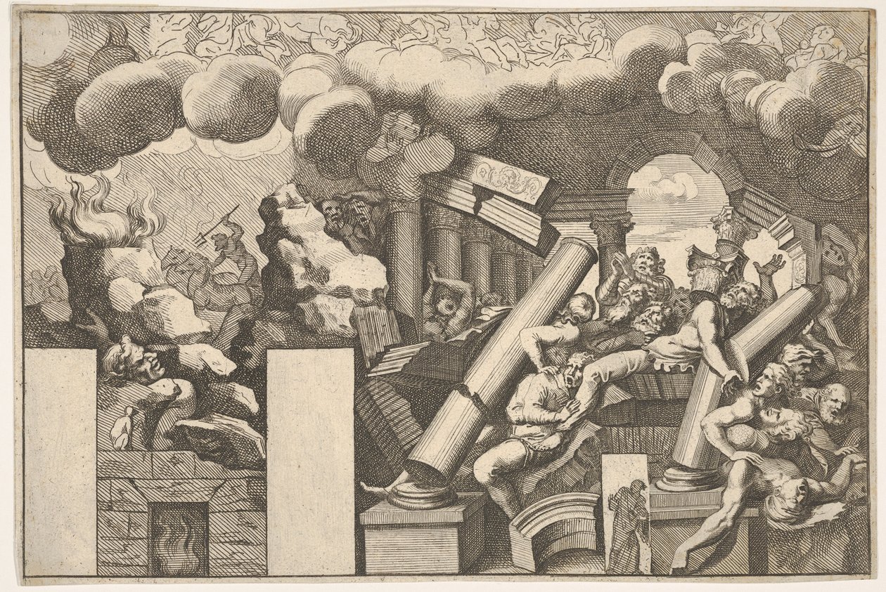 Reuzen Verpletterd door Rotsen en de Vallende Zuilen van de Tempel, Wolken van Rook erboven door Pietro Santi Bartoli