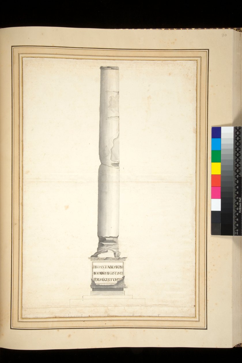 De zuil van Antoninus Pius getoond voor restauratie door Pietro Santi Bartoli