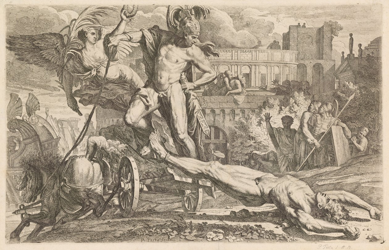 Achilles sleept het lichaam van Hector rond de muren van Troje door Pietro Testa