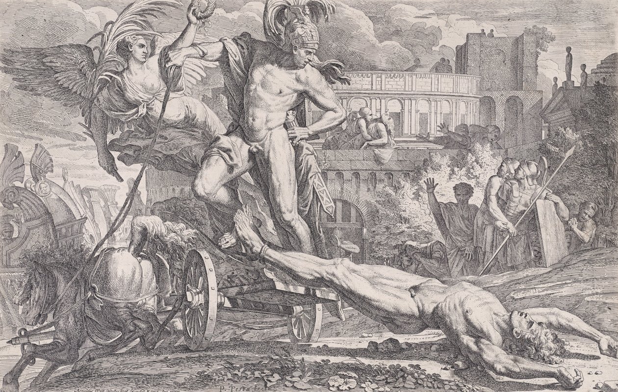 Achilles sleept het lichaam van Hector rond de muren van Troje, 1648-50 door Pietro Testa