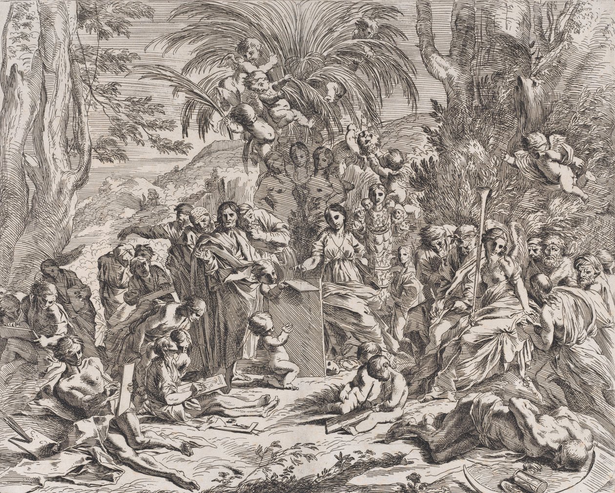 Een allegorie van schilderkunst, een kind in het midden links tekent op een tablet, omringd, 1637-38 door Pietro Testa