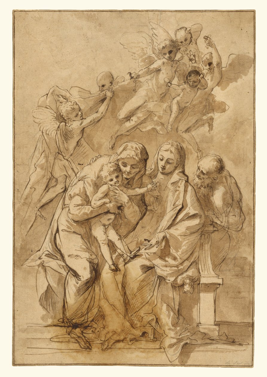 Heilige Familie mit der heiligen Anna (recto); Figurenskizzen (verso) door Pietro Testa