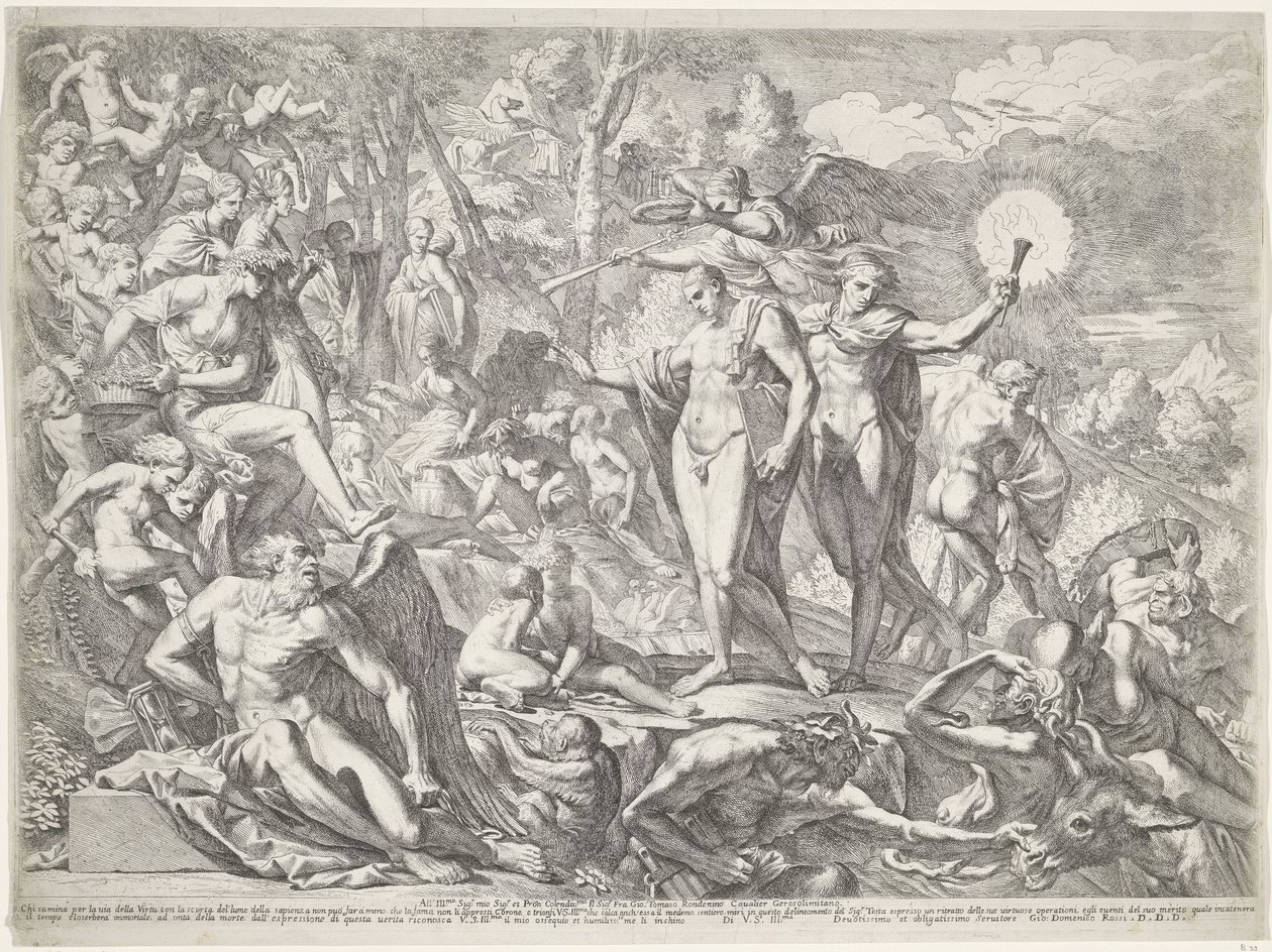 Jongeman arriveert op de Parnassus langs de weg van de Deugd door Pietro Testa