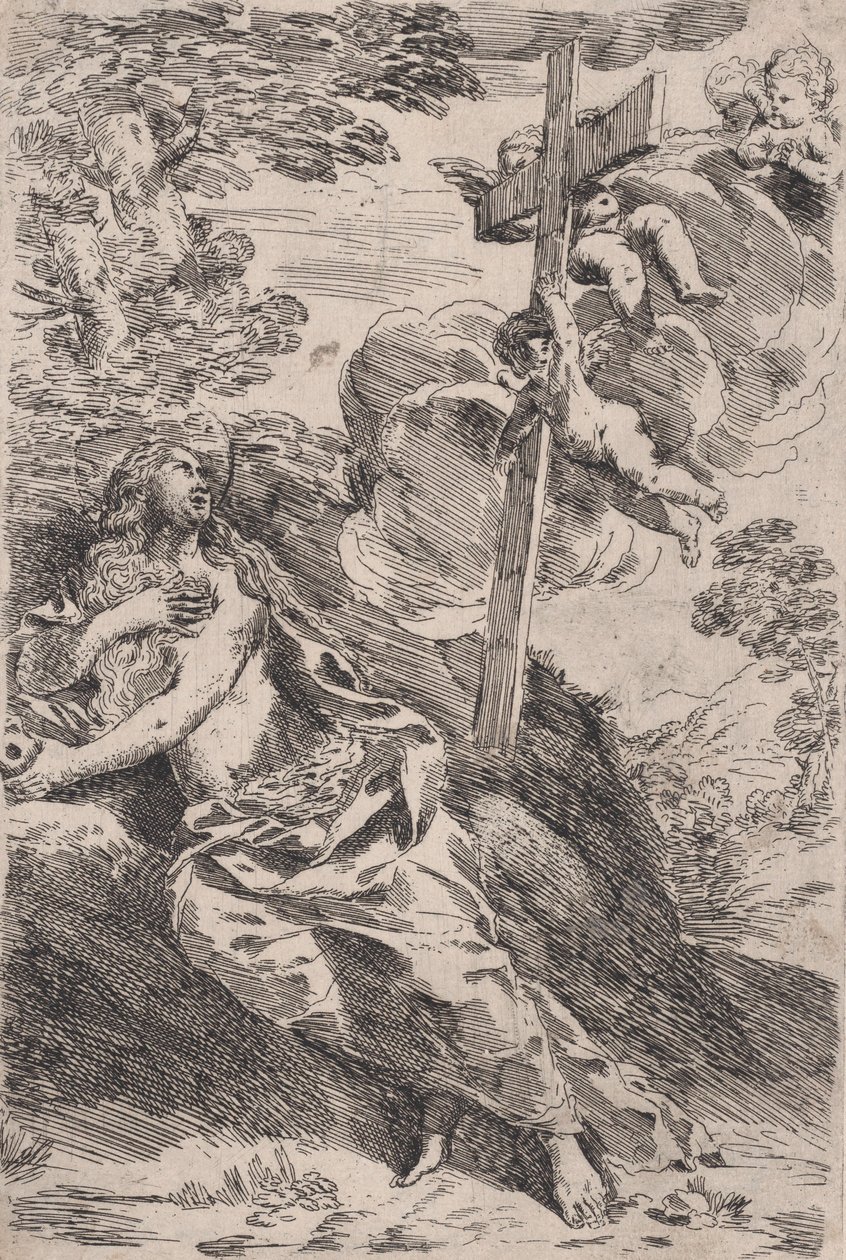 Maria Magdalena in de Woestijn, een Kruis Gedragen door Engelen aan de Rechterkant door Pietro Testa