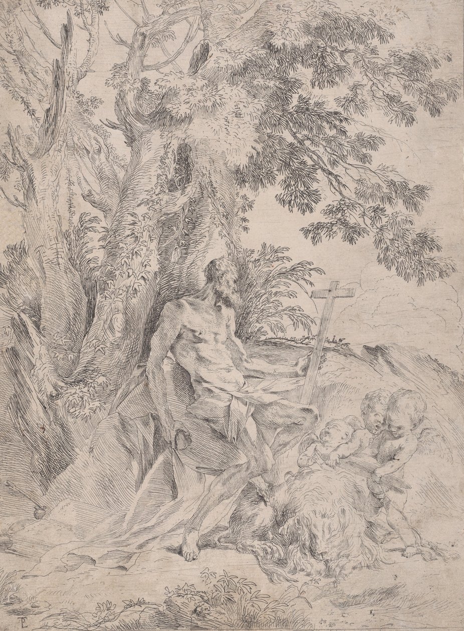 Sint Hiëronymus voor een Kruisbeeld met een Leeuw en Drie Putti door Pietro Testa