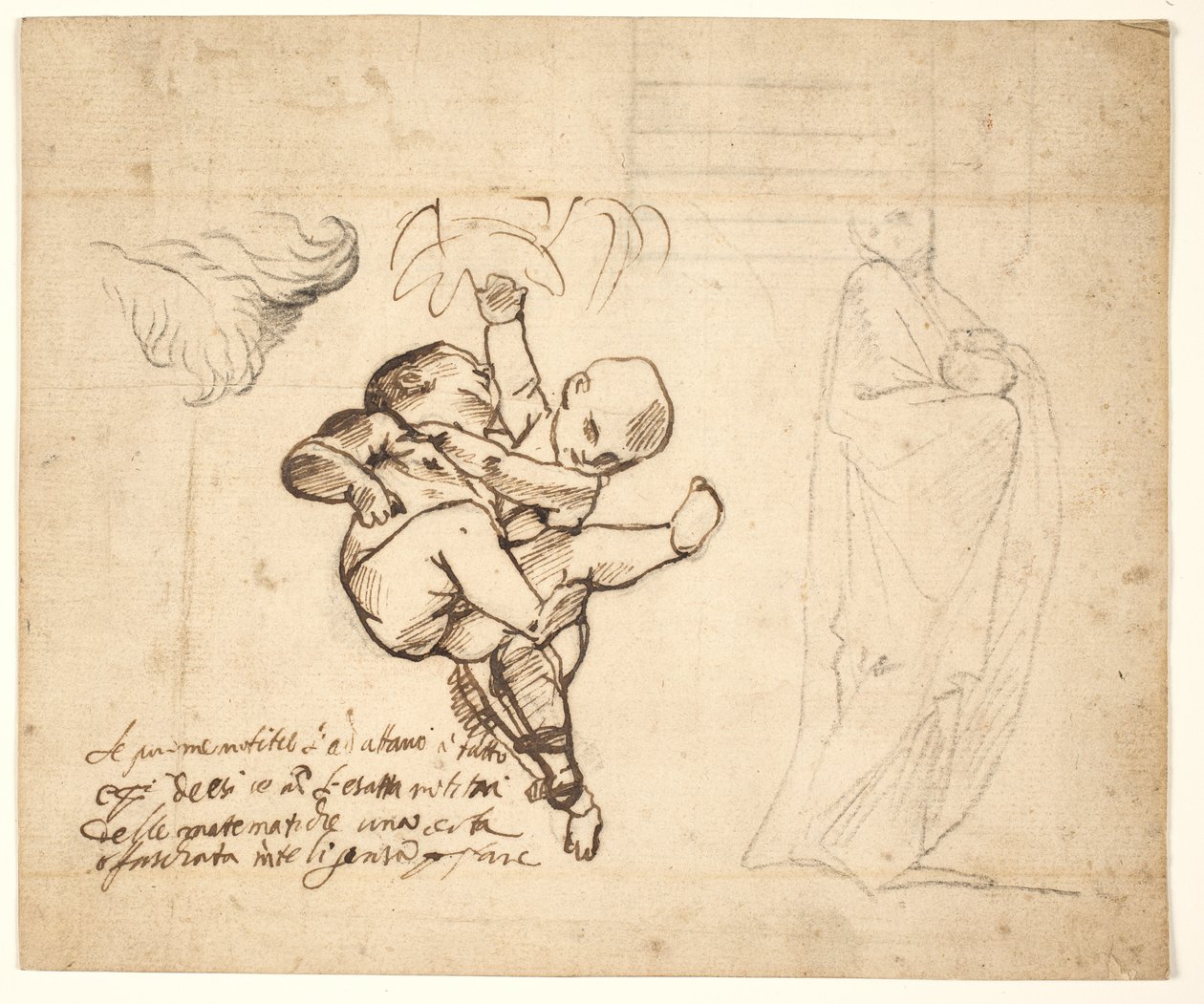 Studie voor twee spelende putti, bladeren en een gedrapeerd figuur met een urn door Pietro Testa