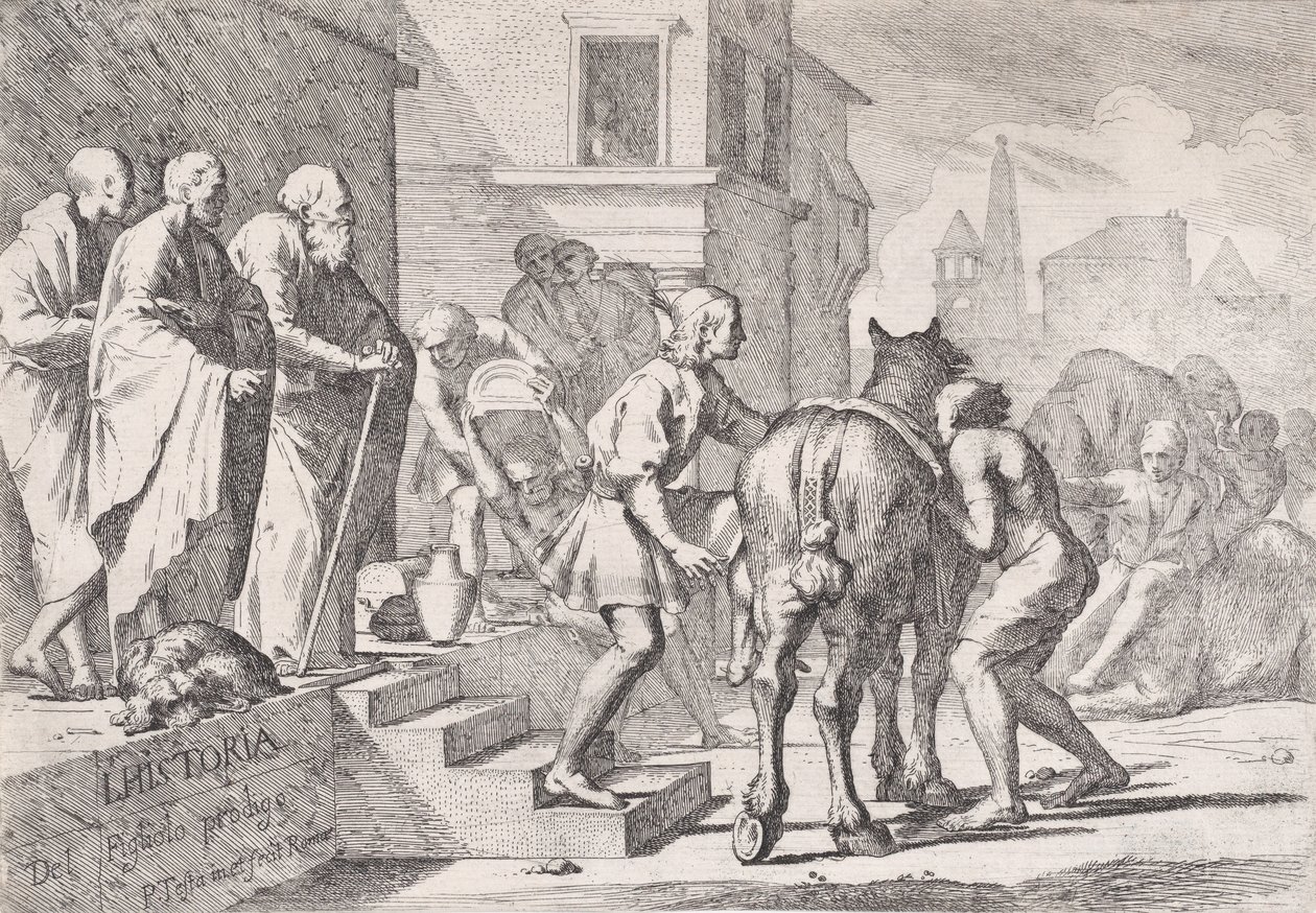 Het vertrek van de verloren zoon, getoond op het punt een paard te bestijgen, uit een serie van vier..., ca. 1645 door Pietro Testa