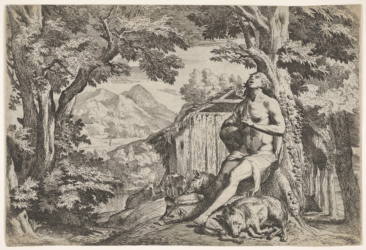 De verloren zoon zittend aan de voet van een boom tussen de zwijnen, zijn blik omhoog gericht..., ca. 1640-50 door Pietro Testa