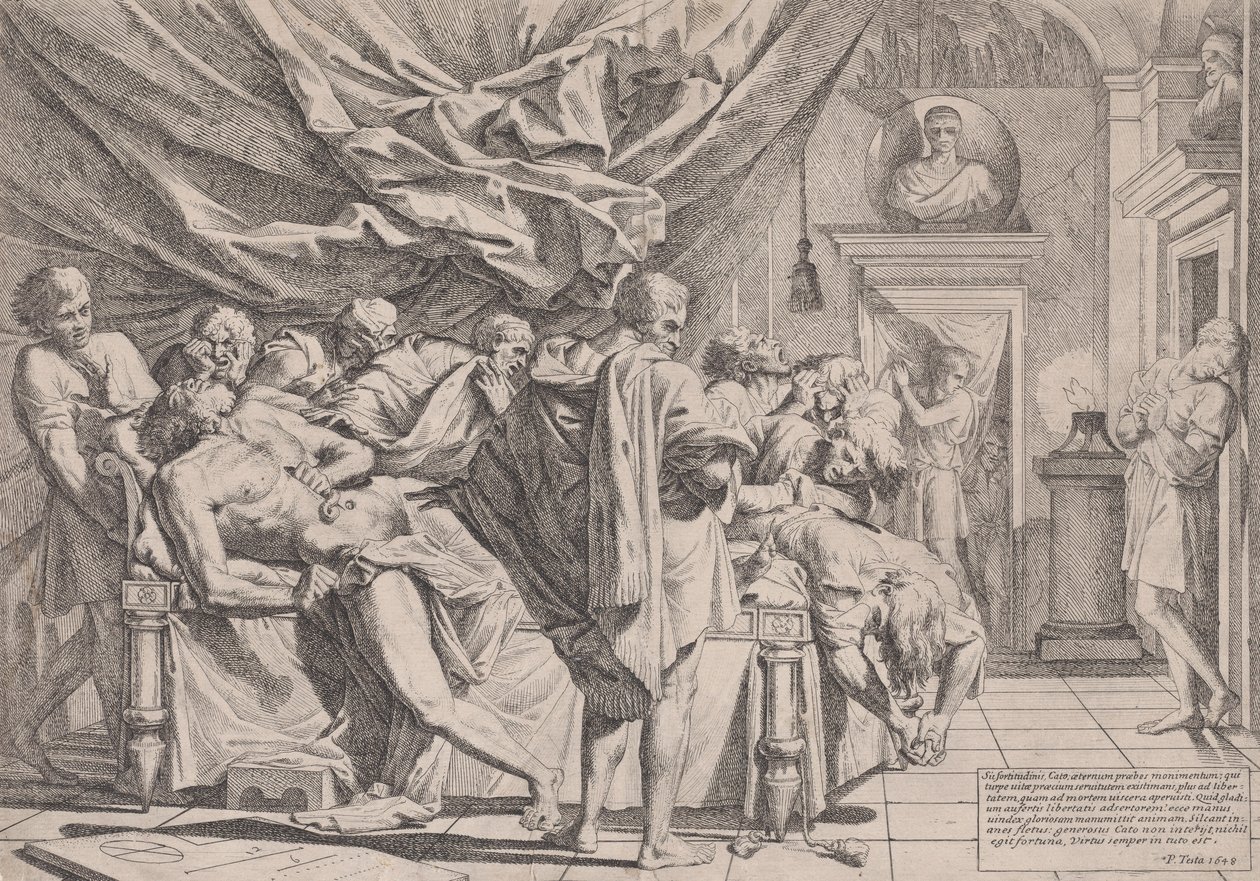 De zelfmoord van de filosoof Cato, die op zijn bed ligt en zijn ingewanden eruit trekt, 1648 door Pietro Testa