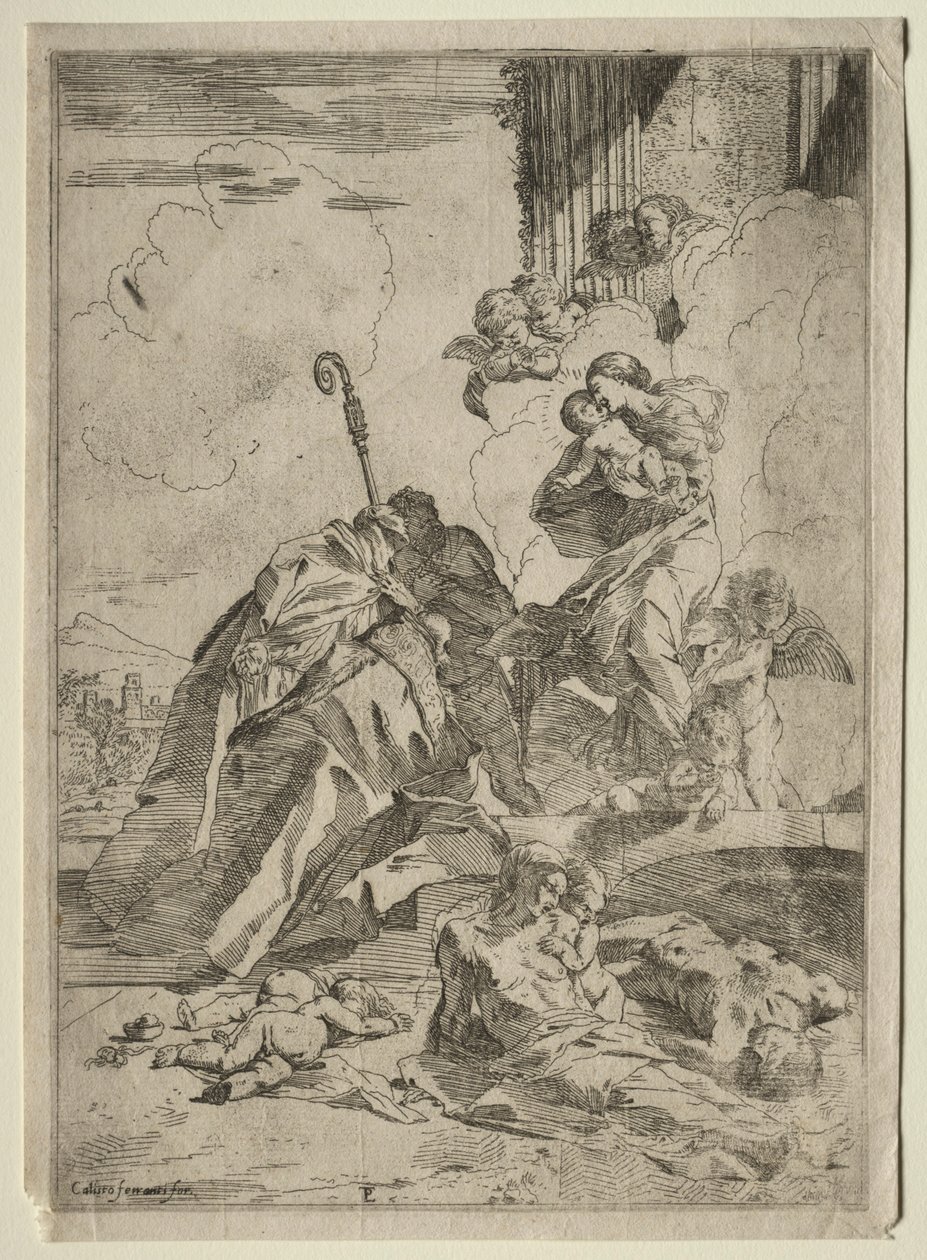 Drie Lucchese heiligen die bij de Maagd Maria bemiddelen voor de slachtoffers van de pest, ca. 1630-31 door Pietro Testa