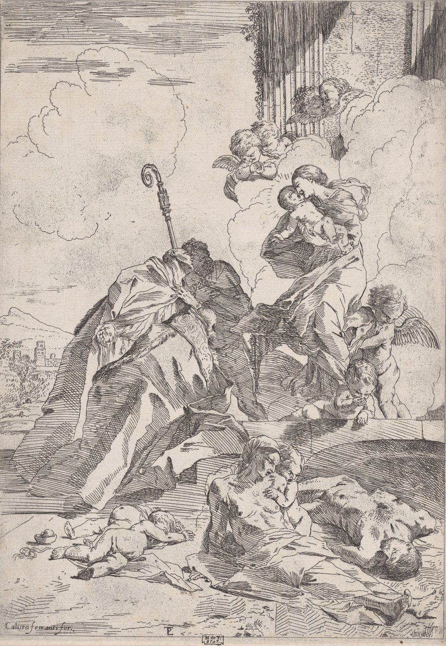 Drie Lucchese heiligen die bij de Maagd bemiddelen voor de slachtoffers van de pest, ca. 1630-31 door Pietro Testa
