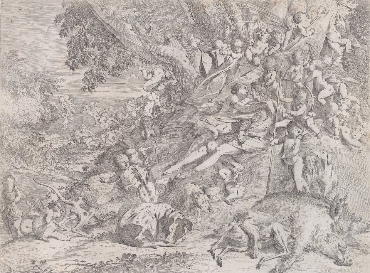 Venus en Adonis, omringd door vele putti, liggend na de jacht, met een dood zwijn, 1631-37 door Pietro Testa