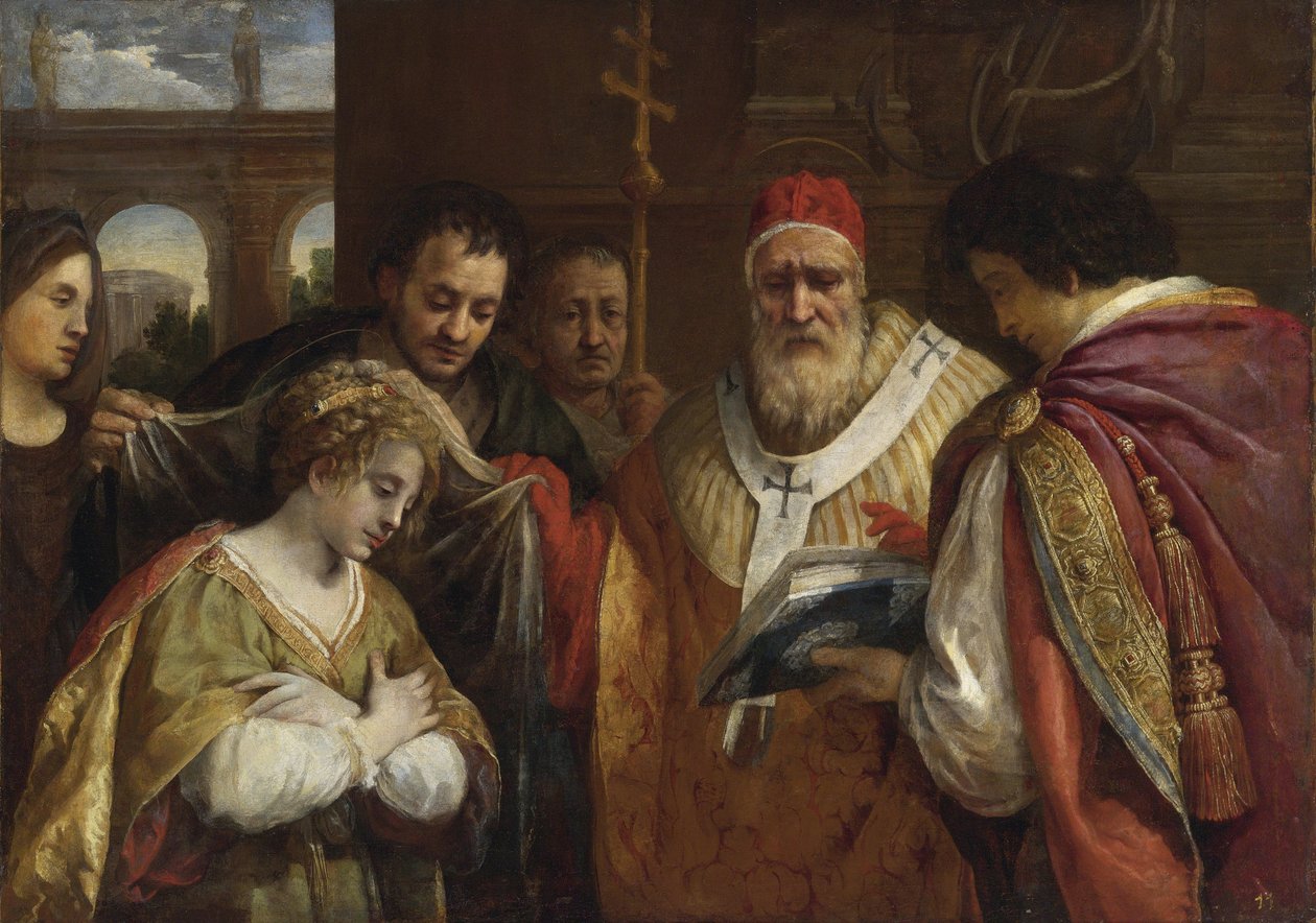 Flavia Domitilla (overleden na 95) ontvangt de sluier van paus Clemens I - Sint Domitilla ontvangt de sluier van paus Clemens I door Cortona, Pietro da door Pietro da Cortona