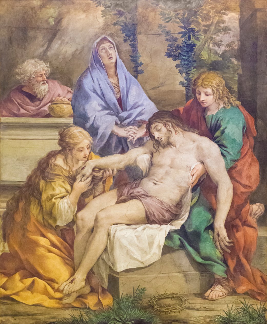 Pieta met de Madonna, St Johannes de Doper, St Maria Magdalena en Nicodemus (fresco) door Pietro da (1596 1669) Cortona