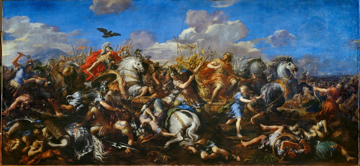 De slag van Alexander tegen koning Dareios III van Perzië, Slag bij Issos (schilderij op doek) door Pietro da & Ferri Ciro (1634-89) Cortona