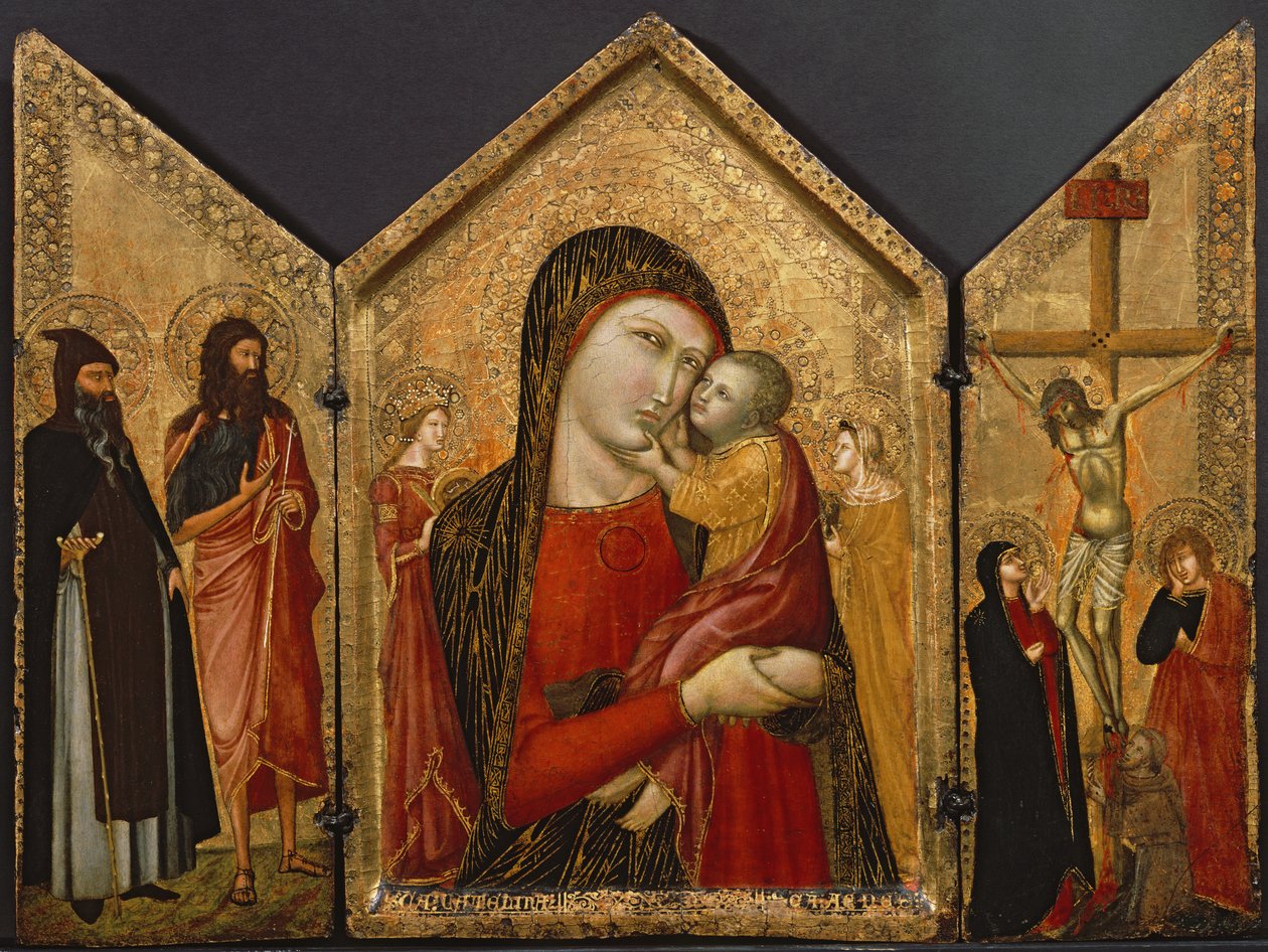 Madonna en Kind, de Kruisiging en Heiligen, ca. 1340-1370 door Pietro follower of Lorenzetti