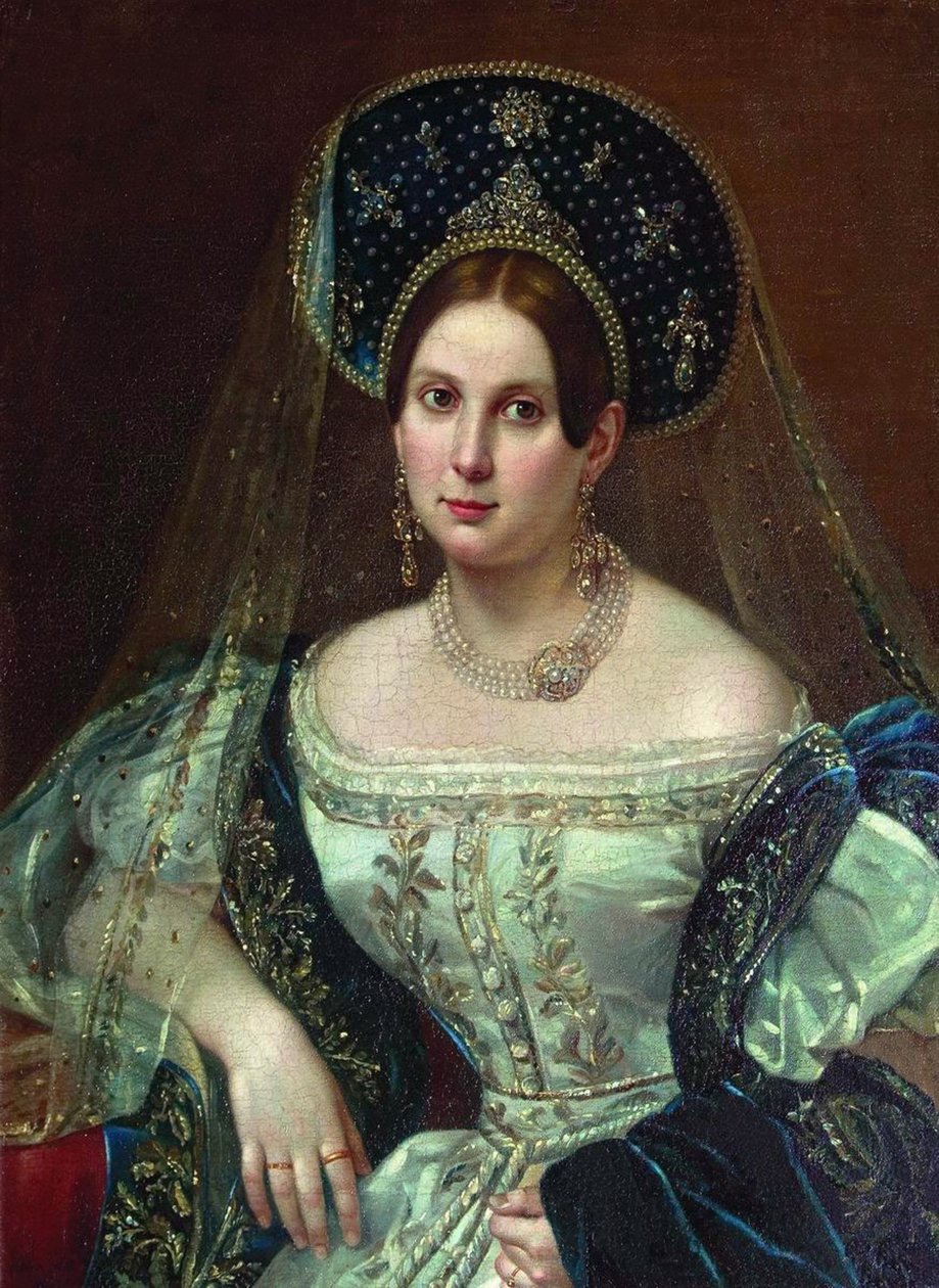 Portret van een vrouw in de Russische hofjurk, ca. 1835 door Pimen Nikitich Orlov