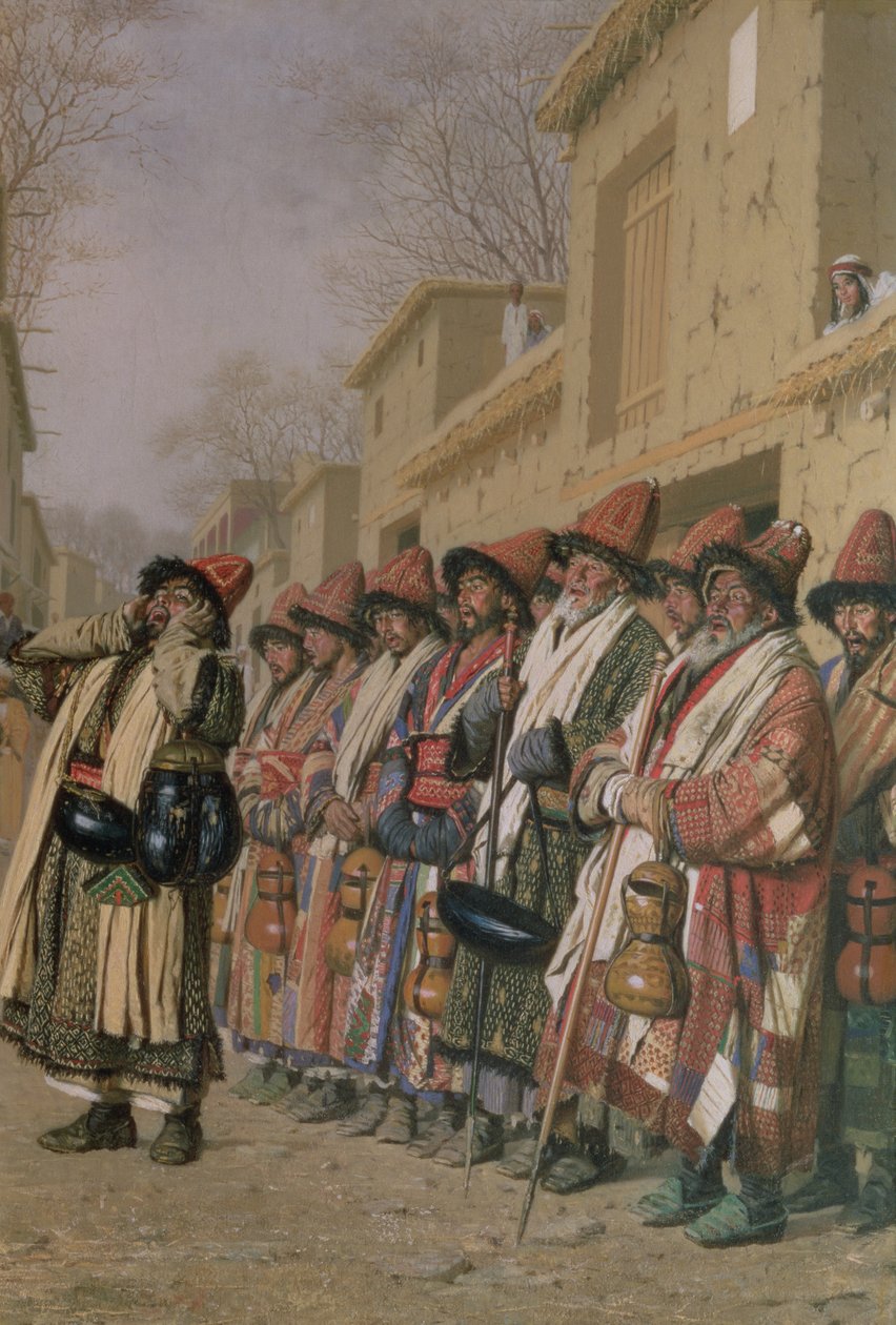 Koor van derwisjen die aalmoezen bedelen in Tasjkent, 1870 door Piotr Petrovitch Weretshchagin